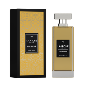 Millionair by Laniche Parfum 100ml Eau de Parfum bottle next to its black and gold packaging box.