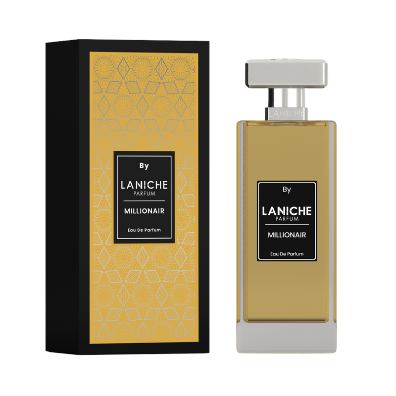 Millionair by Laniche Parfum 100ml Eau de Parfum bottle next to its black and gold packaging box.