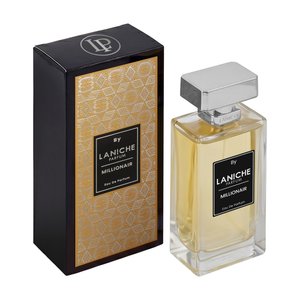 Angled view of the Millionair by Laniche Parfum 100ml Eau de Parfum bottle and gold packaging box with LP monogram lid.
