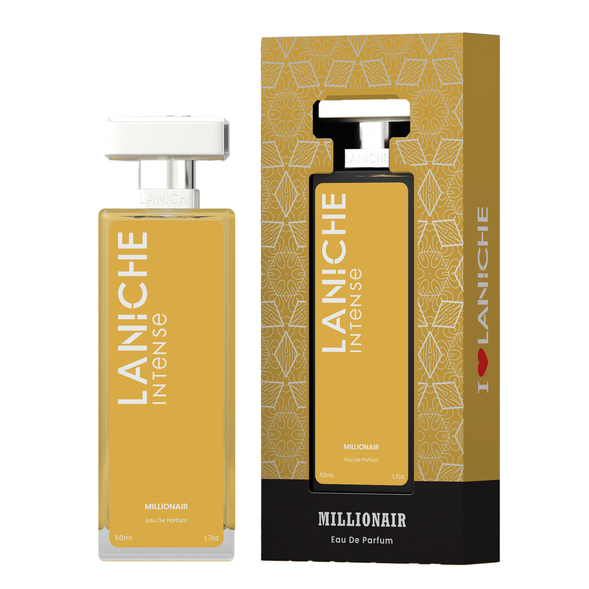 Millionair by Laniche Parfum 50ml Eau de Parfum bottle and mustard gold packaging box.