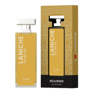 Millionair by Laniche Parfum 50ml Eau de Parfum bottle and mustard gold packaging box.