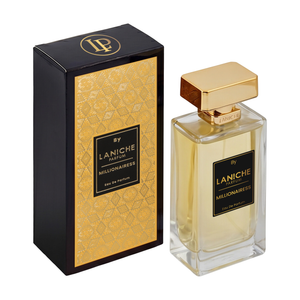 Laniche Parfum Millionairess 100ml eau de parfum, gold bottle beside a black box with an ornate gold scroll pattern on a gold panel.