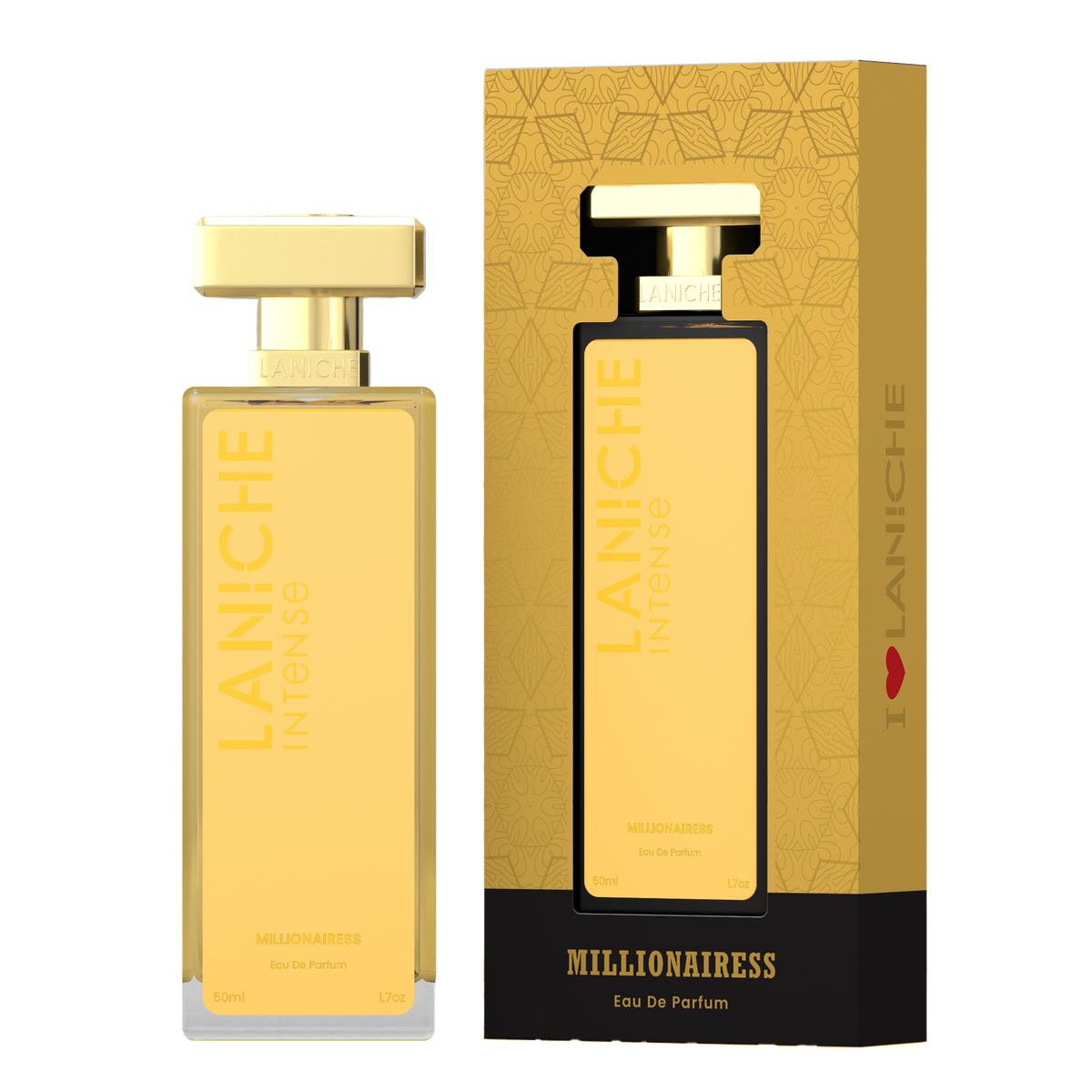 Laniche Parfum Millionairess 50ml eau de parfum, gold bottle beside its matching patterned box.