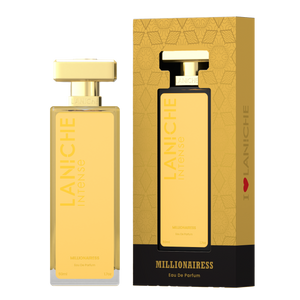 Laniche Parfum Millionairess 50ml eau de parfum, gold bottle beside its matching patterned box.