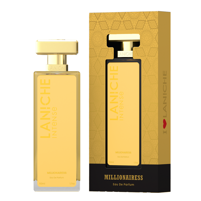 Laniche Parfum Millionairess 50ml eau de parfum, gold bottle beside its matching patterned box.