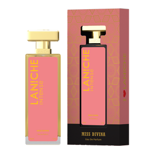 Laniche Parfum Miss Divina 50ml eau de parfum, coral pink and gold bottle beside its matching patterned box.