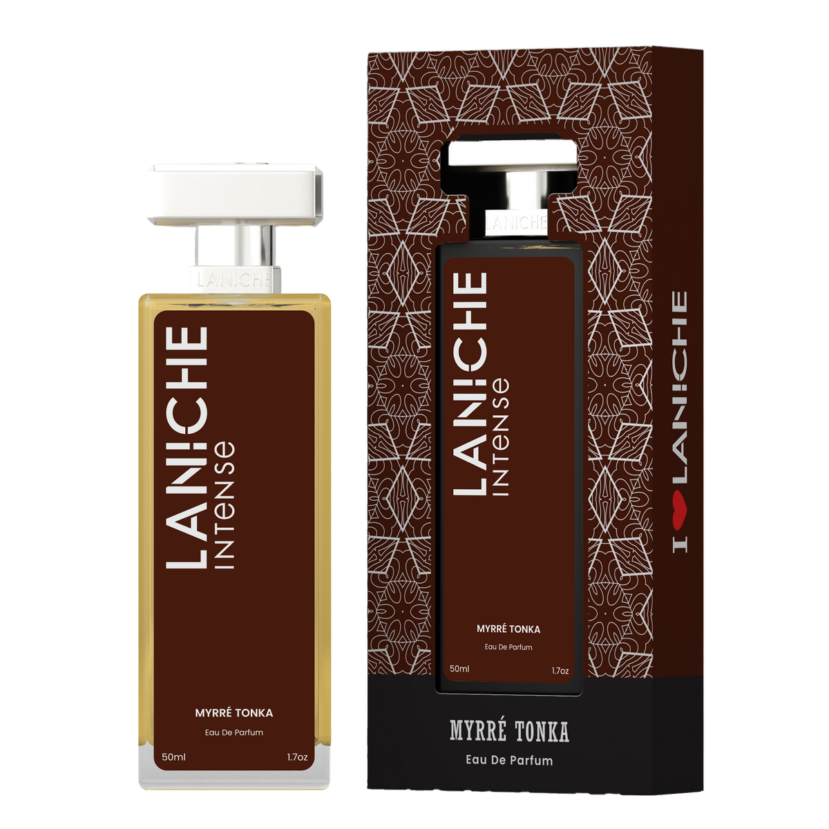 Laniche Parfum Myrré Tonka 50ml eau de parfum, brown and silver bottle beside its matching patterned box.