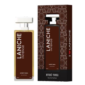 Laniche Parfum Myrré Tonka 50ml eau de parfum, brown and silver bottle beside its matching patterned box.