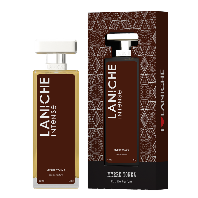 Laniche Parfum Myrré Tonka 50ml eau de parfum, brown and silver bottle beside its matching patterned box.