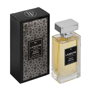 Laniche Parfum Night Orchid 100ml eau de parfum, gold bottle with silver cap beside a black box with an ornate silver scroll pattern.