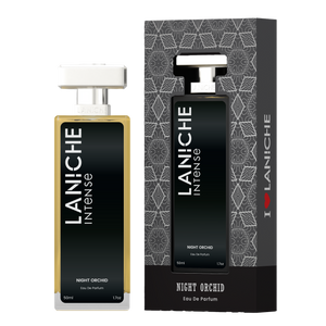 Laniche Parfum Night Orchid 50ml eau de parfum, black and silver bottle beside its matching patterned box.