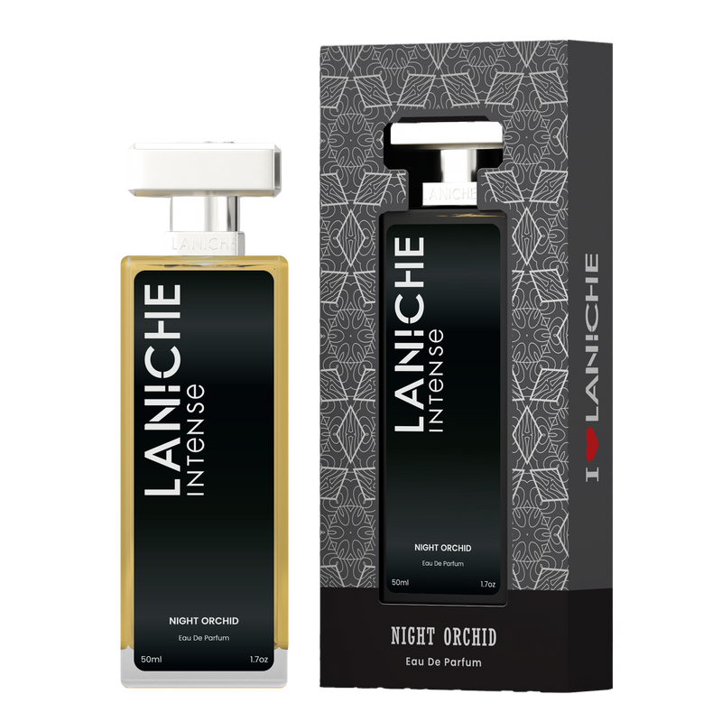 Laniche Parfum Night Orchid 50ml eau de parfum, black and silver bottle beside its matching patterned box.