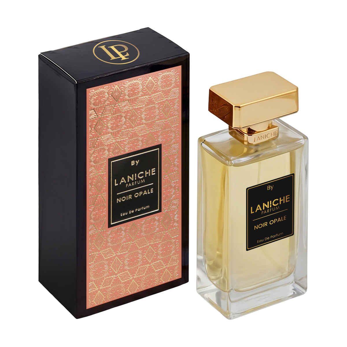 Laniche Parfum Noir Opale 100ml eau de parfum, gold bottle beside a black box with an ornate gold scroll pattern on salmon pink.