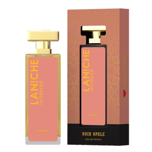 Laniche Parfum Noir Opale 50ml eau de parfum, salmon pink and gold bottle beside its matching patterned box.