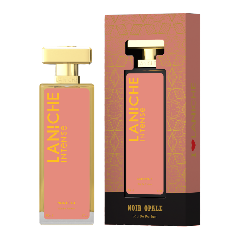 Laniche Parfum Noir Opale 50ml eau de parfum, salmon pink and gold bottle beside its matching patterned box.