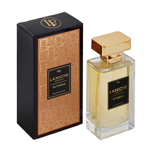 Laniche Parfum Olymera 100ml eau de parfum, gold bottle beside a black box with an ornate gold scroll pattern on copper.