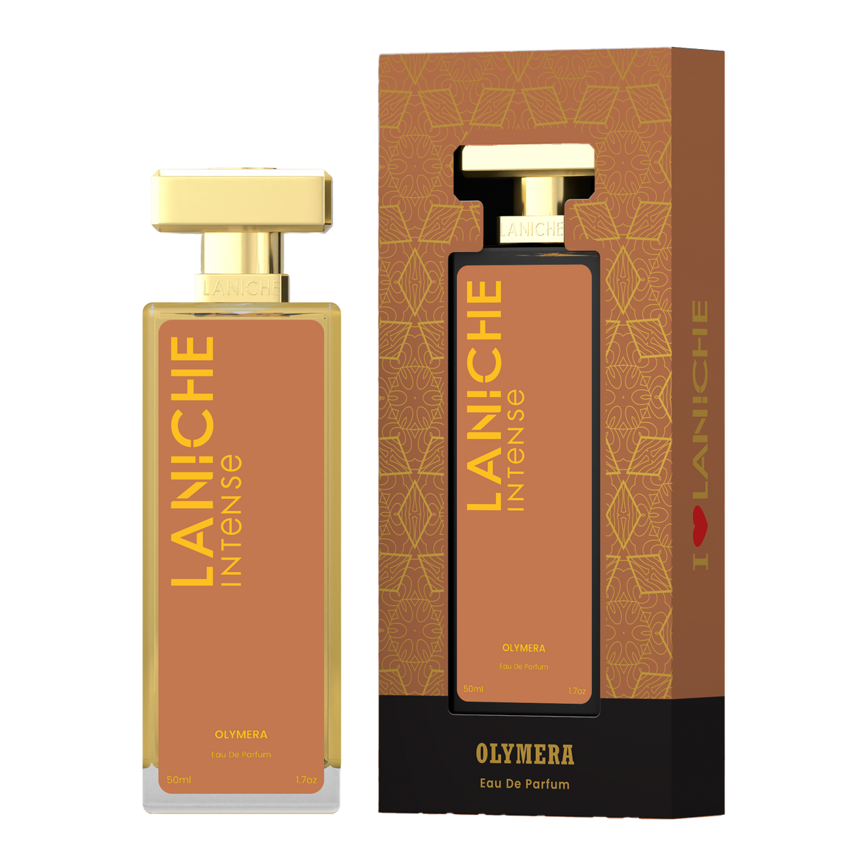 Laniche Parfum Olymera 50ml eau de parfum, copper and gold bottle beside its matching patterned box.