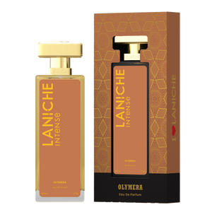 Laniche Parfum Olymera 50ml eau de parfum, copper and gold bottle beside its matching patterned box.