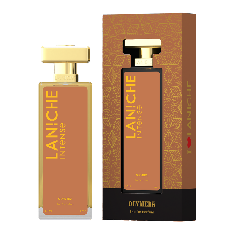 Laniche Parfum Olymera 50ml eau de parfum, copper and gold bottle beside its matching patterned box.