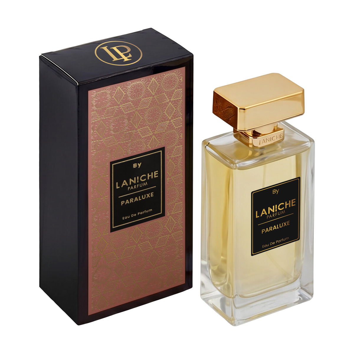 Laniche Parfum Paraluxe 100ml eau de parfum, gold bottle beside a black box with an ornate gold scroll pattern on dusty rose.