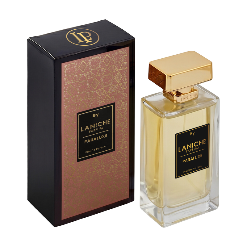 Laniche Parfum Paraluxe 100ml eau de parfum, gold bottle beside a black box with an ornate gold scroll pattern on dusty rose.