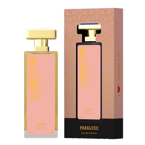 Laniche Parfum Paraluxe 50ml eau de parfum, blush pink and gold bottle beside its matching patterned box.
