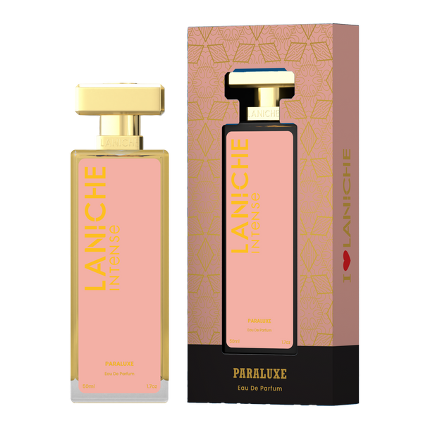 Laniche Parfum Paraluxe 50ml eau de parfum, blush pink and gold bottle beside its matching patterned box.