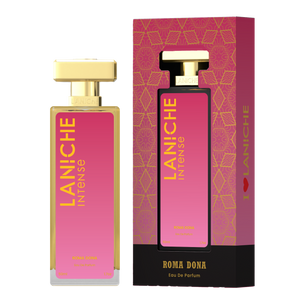 Laniche Parfum Roma Dona 50ml eau de parfum, pink and gold bottle beside its matching patterned box.