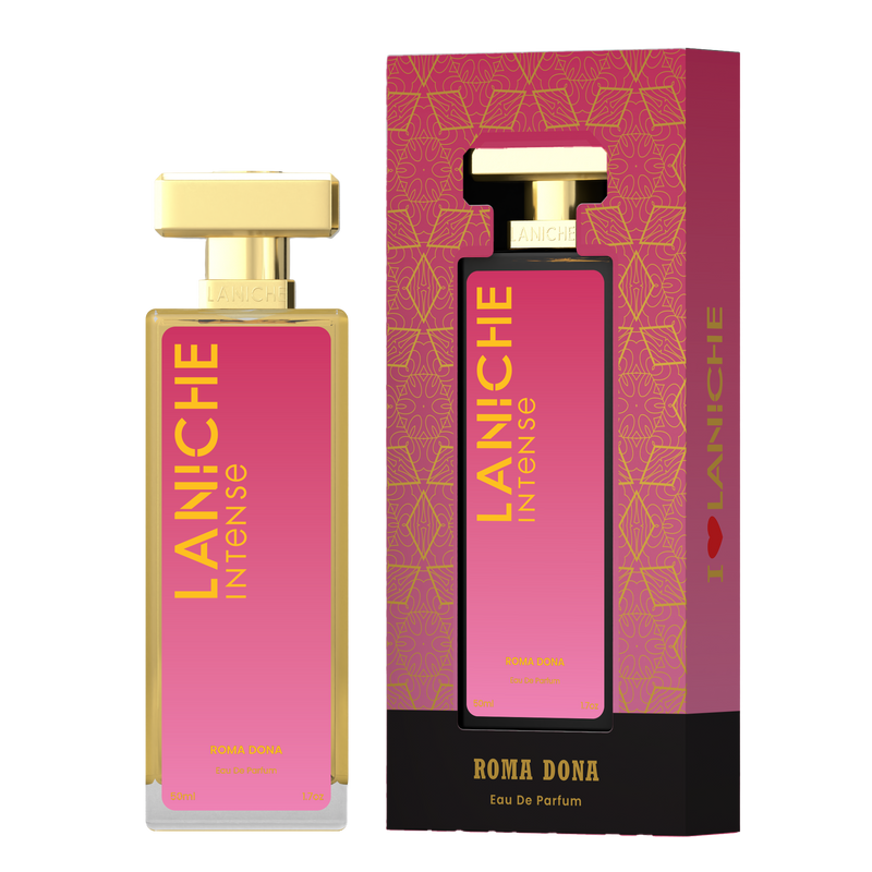 Laniche Parfum Roma Dona 50ml eau de parfum, pink and gold bottle beside its matching patterned box.