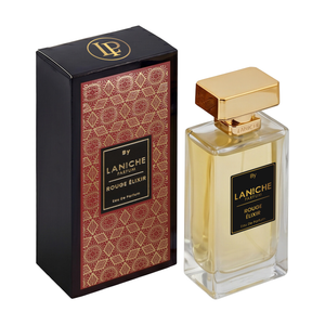 Laniche Parfum Rouge Élixir 100ml eau de parfum, gold bottle beside a black box with an ornate gold scroll pattern on red.