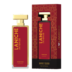 Laniche Parfum Rouge Élixir 50ml eau de parfum, red and gold bottle beside its matching patterned box.