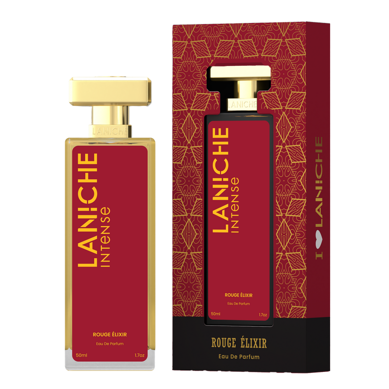 Laniche Parfum Rouge Élixir 50ml eau de parfum, red and gold bottle beside its matching patterned box.