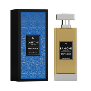 Angled view of the Sauvageur by Laniche Parfum 100ml Eau de Parfum bottle and blue packaging box with LP monogram lid.
