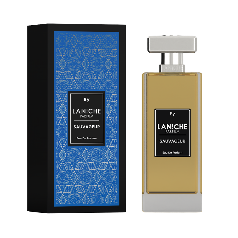 Angled view of the Sauvageur by Laniche Parfum 100ml Eau de Parfum bottle and blue packaging box with LP monogram lid.
