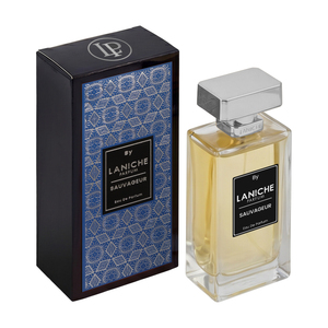Sauvageur by Laniche Parfum 100ml Eau de Parfum bottle next to its black and blue packaging box.