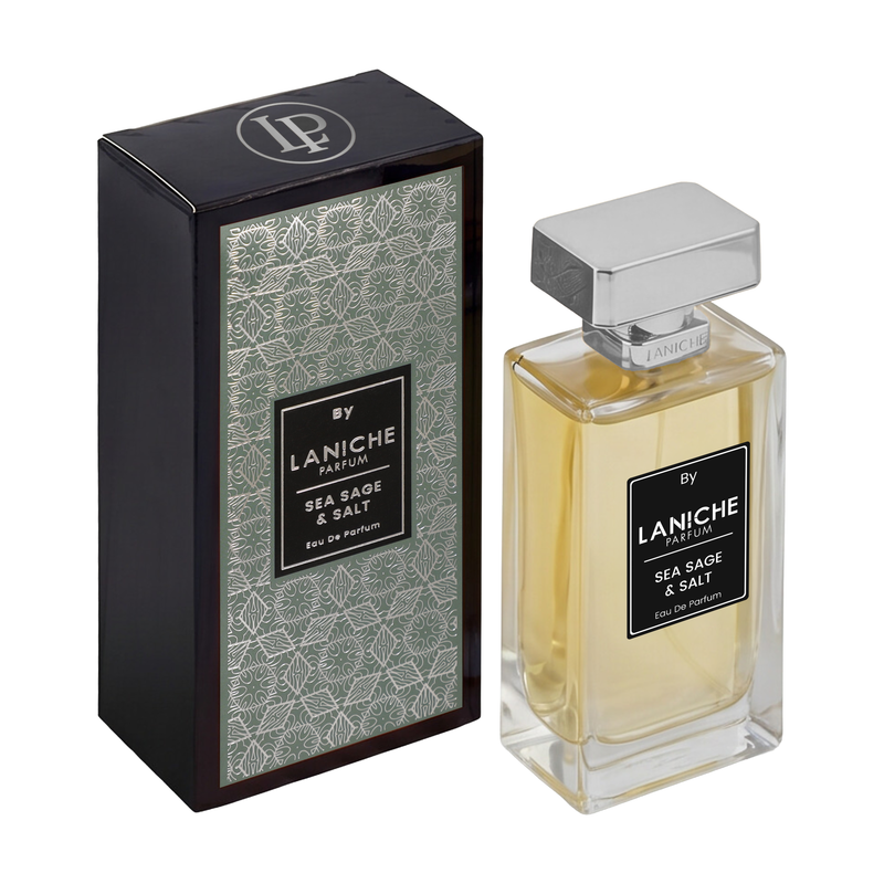 Laniche Parfum Sea Sage & Salt 100ml eau de parfum, gold bottle with silver cap beside a black box with an ornate silver scroll pattern on sage green.