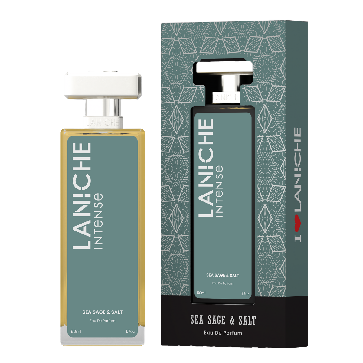 Laniche Parfum Sea Sage & Salt 50ml eau de parfum, sage green and silver bottle beside its matching patterned box.