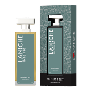 Laniche Parfum Sea Sage & Salt 50ml eau de parfum, sage green and silver bottle beside its matching patterned box.