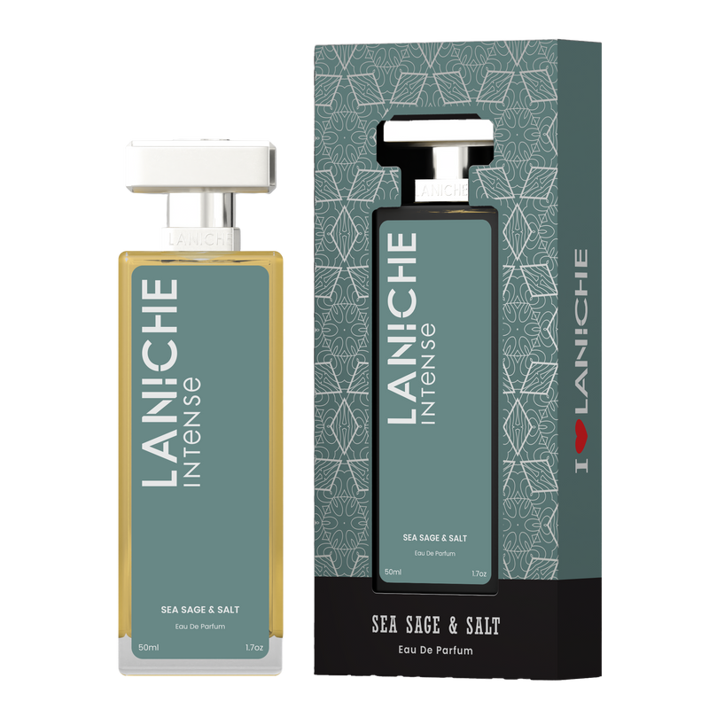 Laniche Parfum Sea Sage & Salt 50ml eau de parfum, sage green and silver bottle beside its matching patterned box.