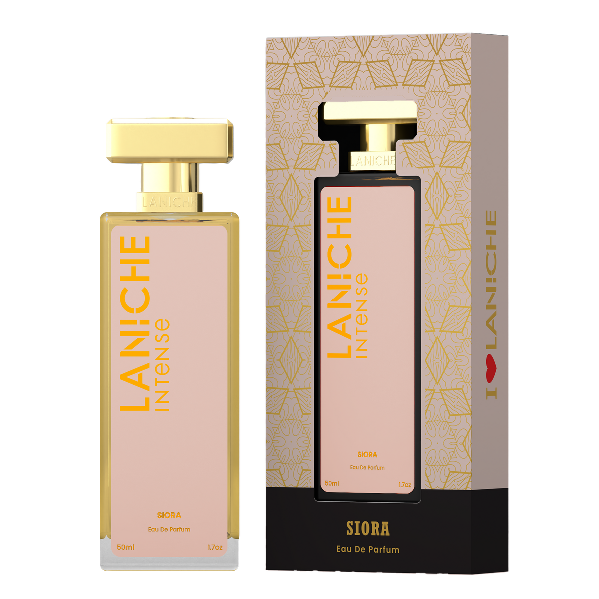 Laniche Parfum Siora 50ml eau de parfum, nude beige and gold bottle beside its matching patterned box.