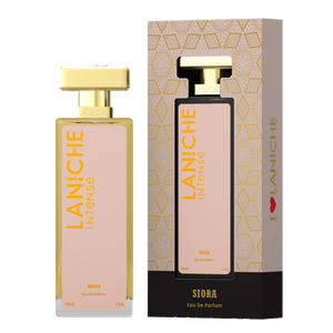 Laniche Parfum Siora 50ml eau de parfum, nude beige and gold bottle beside its matching patterned box.
