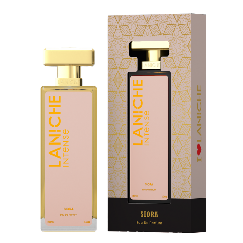 Laniche Parfum Siora 50ml eau de parfum, nude beige and gold bottle beside its matching patterned box.