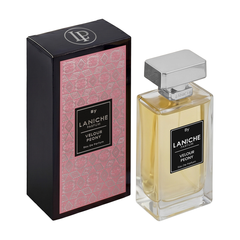 Laniche Parfum Velour Peony 100ml eau de parfum, gold bottle with silver cap beside a black box with an ornate silver scroll pattern on pink.