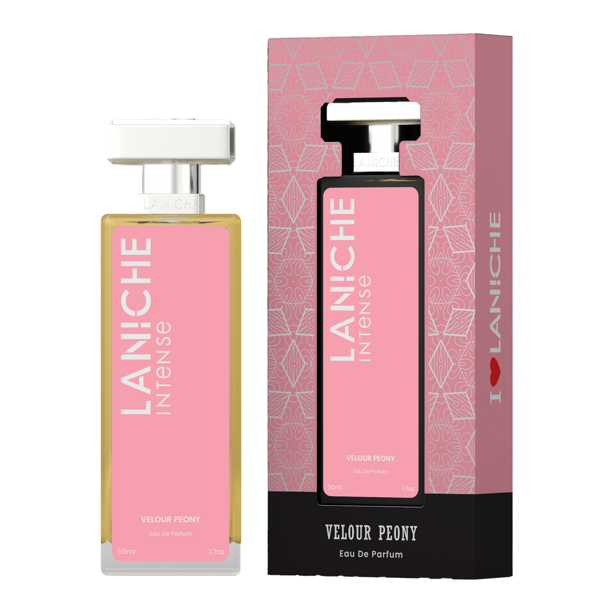 Laniche Parfum Velour Peony 50ml eau de parfum, pink and silver bottle beside its matching patterned box.