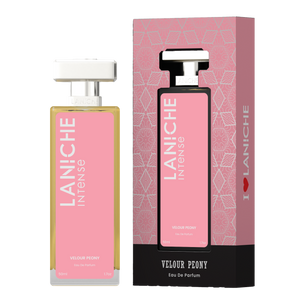 Laniche Parfum Velour Peony 50ml eau de parfum, pink and silver bottle beside its matching patterned box.