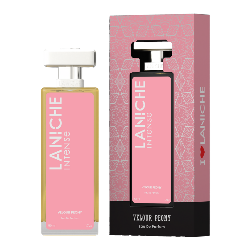 Laniche Parfum Velour Peony 50ml eau de parfum, pink and silver bottle beside its matching patterned box.