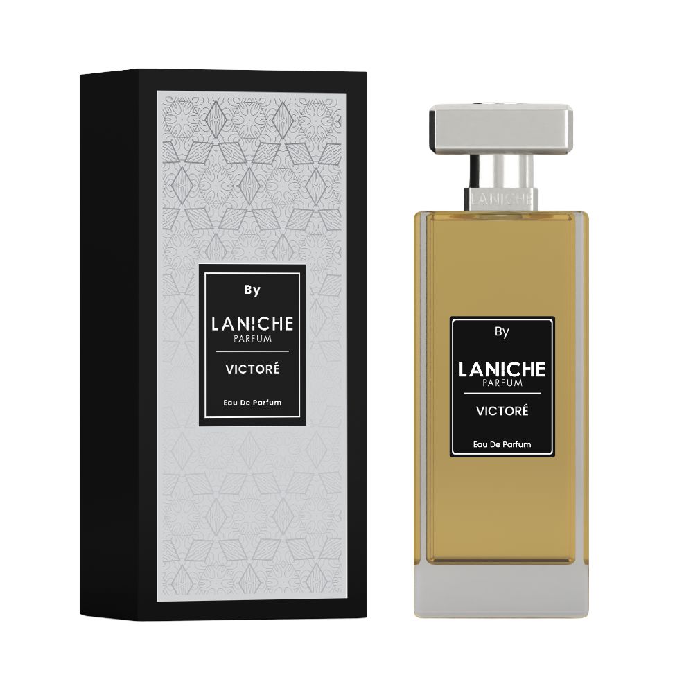 Angled view of the Victoré by Laniche Parfum 100ml Eau de Parfum bottle and silver packaging box with LP monogram lid.