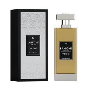 Angled view of the Victoré by Laniche Parfum 100ml Eau de Parfum bottle and silver packaging box with LP monogram lid.