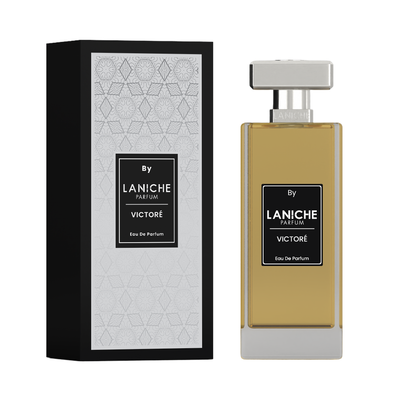 Angled view of the Victoré by Laniche Parfum 100ml Eau de Parfum bottle and silver packaging box with LP monogram lid.