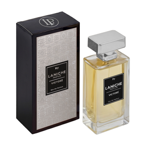 Victoré by Laniche Parfum 100ml Eau de Parfum bottle next to its black and silver packaging box.
